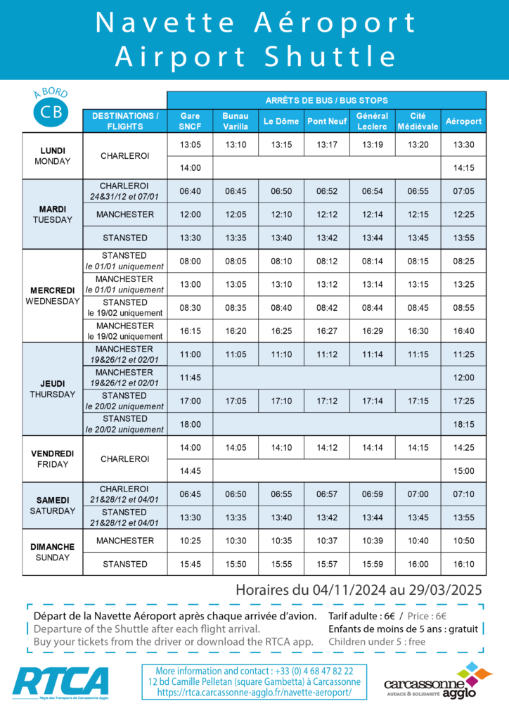 Carcassonne Airport Shuttle Bus Navette November 2024 to 29 March 2025