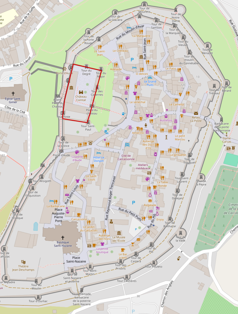 Château Comtal indicated in red in La Cite. This is the only area tickets are needed.